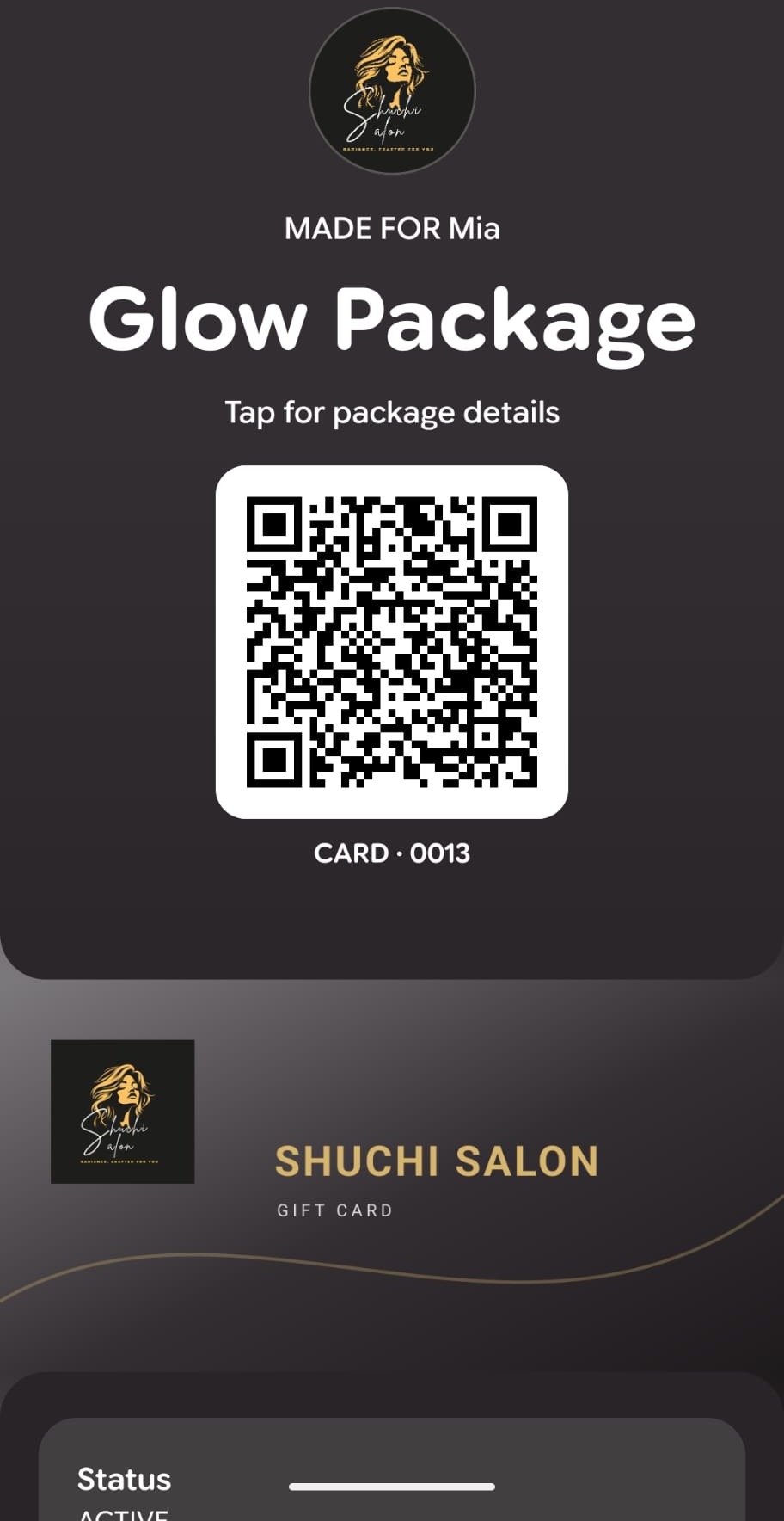 Anonymized Shuchi Salon Glow Package digital card preview